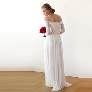 Ivory Off-The-Shoulder Lace & chiffon mesh Dress #1215 Maxi Blushfashion LTD