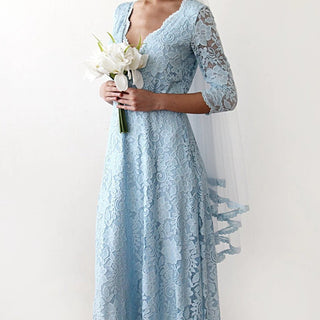 Light Blue Lace three quarters Sleeve Dress #1124 Maxi Blushfashion LTD