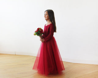 Off-The-Shoulder Burgundy Lace & Tulle Flower Girls Gown #5040 Maxi Blushfashion LTD