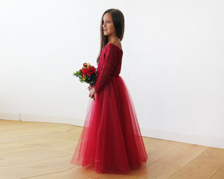 Off-The-Shoulder Burgundy Lace & Tulle Flower Girls Gown #5040 Maxi Blushfashion LTD