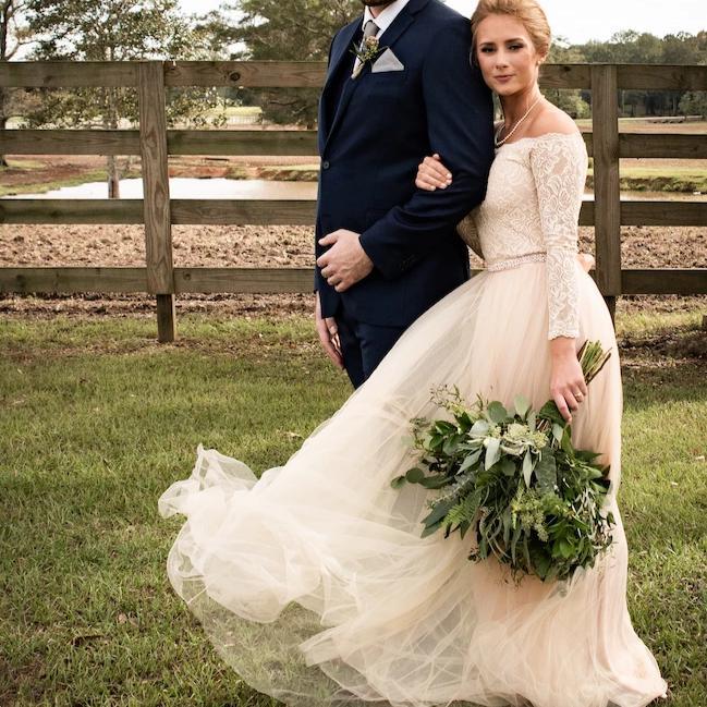 Off-The-Shoulder Champagne Lace Tulle Dress #1134