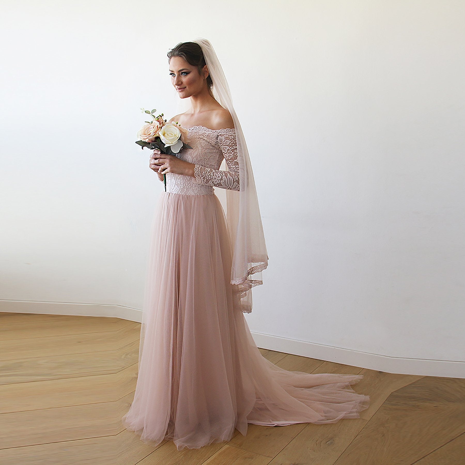 Blush Pink Princess Ball Gown Line A Wedding Dress With Illusion 3/4  Sleeves, Lace Appliques, Tulle Fabric, Train, And Peplum Colored Bridal  Goggles From Weddingfactory, $227.14 | DHgate.Com