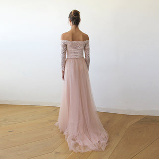 Pink Off-The-Shoulder Lace & Tulle Train Dress #1162 Maxi Blushfashion LTD