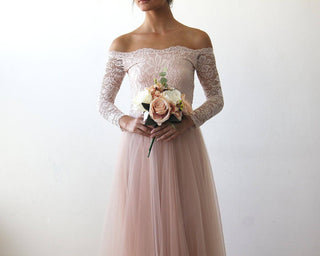 Pink Off-The-Shoulder Lace & Tulle Train Dress #1162 Maxi Blushfashion LTD