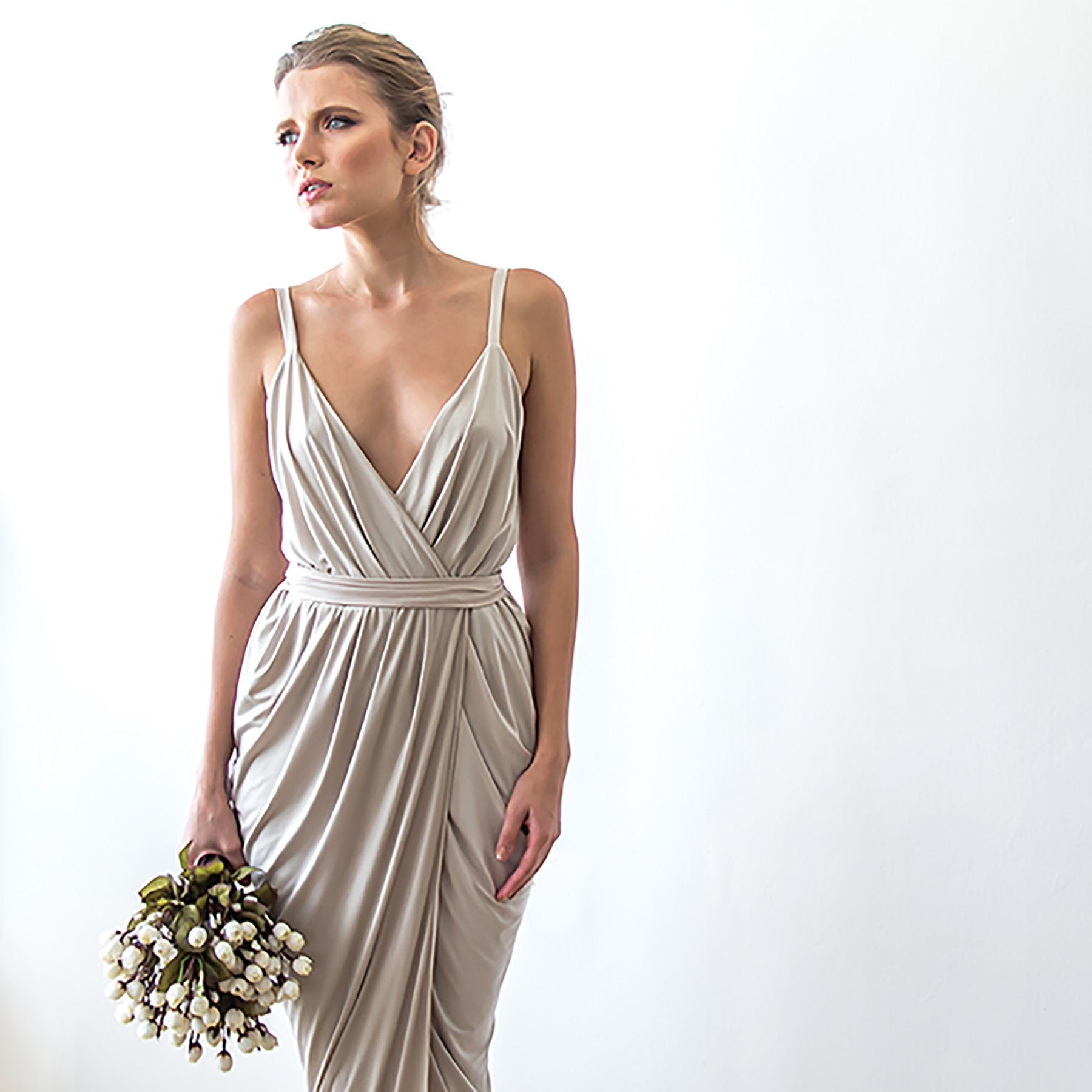 champagne silk wrap dress Light Champagne Wrap Satin Dress With Flutter Sleeves