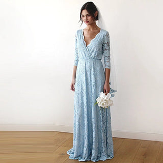 Light Blue Lace three quarters Sleeve Dress #1124 Maxi XXS-XS Blushfashion LTD