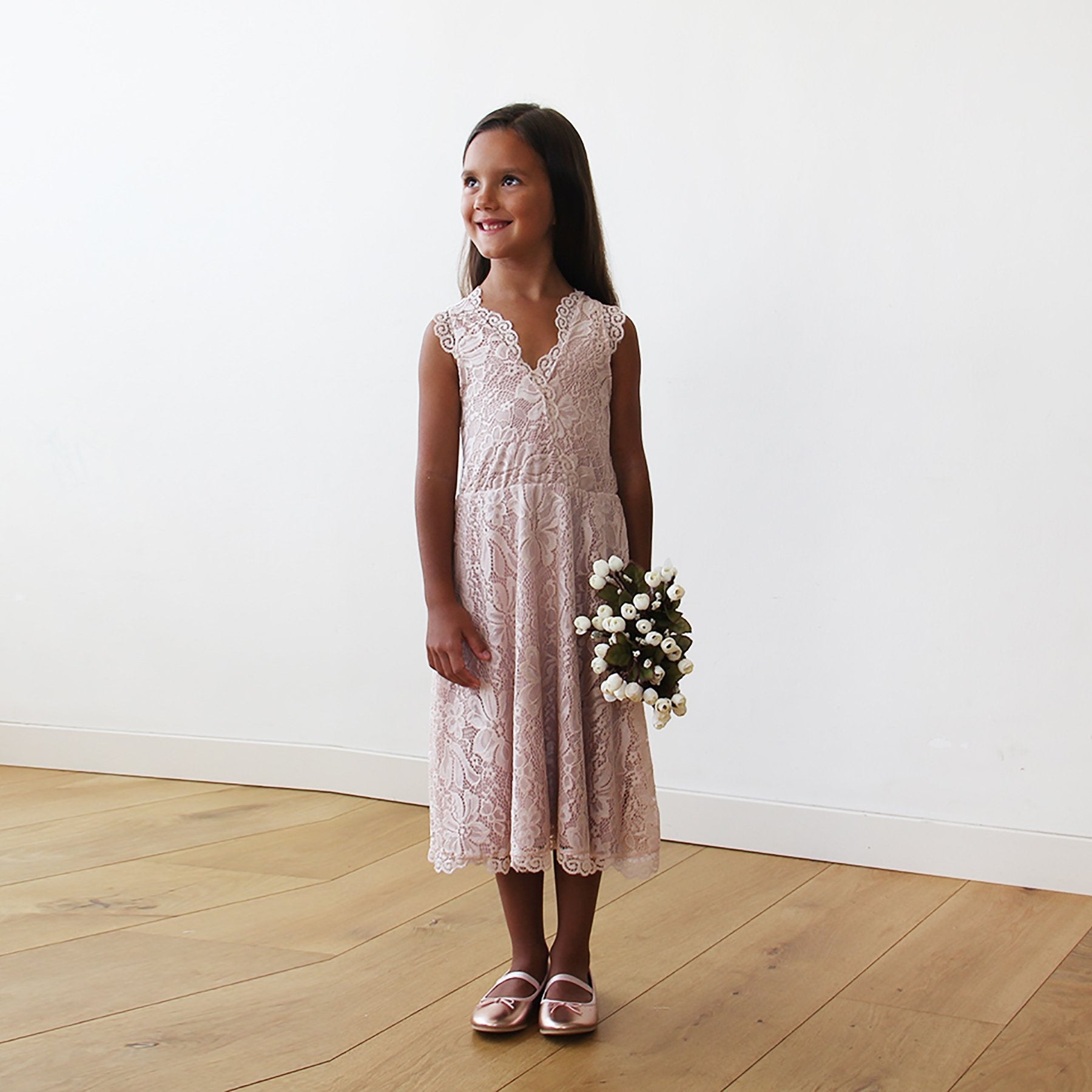 Girls Special Occasion Sleeveless Lace Midi Dress-Pink Blush