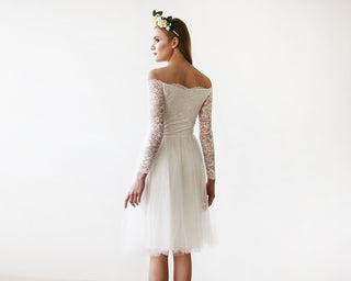 Short wedding dress ,Off-The-Shoulder  Lace and Tulle Midi Dress  #1156 Midi Blushfashion LTD