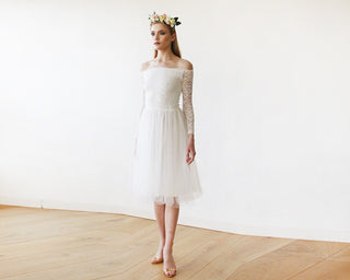 Short wedding dress ,Off-The-Shoulder  Lace and Tulle Midi Dress  #1156 Midi Blushfashion LTD