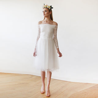Short wedding dress ,Off-The-Shoulder  Lace and Tulle Midi Dress  #1156 Midi XXS-XS Blushfashion LTD