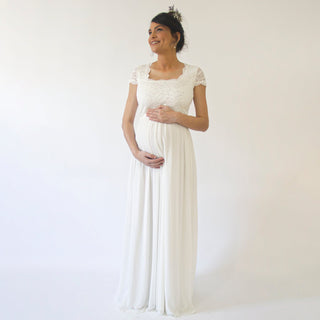 Maternity Ivory Bohemian Square Neckline, cape sleeves dress #7013 Blushfashion