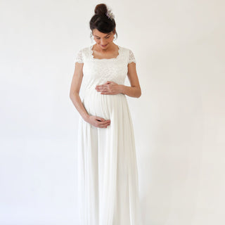 Maternity Ivory Bohemian Square Neckline, cape sleeves dress #7013 Blushfashion