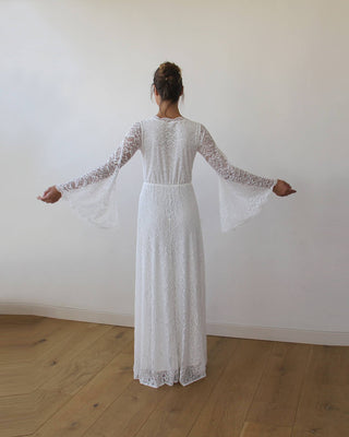 Maternity Ivory wrap Full Lace Bell Sleeves Wedding Dress #1167 Blushfashion