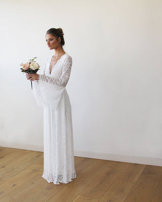 Maternity Ivory wrap Full Lace Bell Sleeves Wedding Dress #1167 Blushfashion