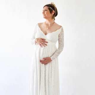Maternity Off the shoulder wrap dress, with pockets, bohemian Empire dress, Ivory lace long sleeves dress #7007 Blushfashion