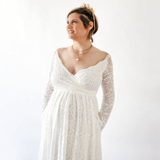 Maternity Off the shoulder wrap dress, with pockets, bohemian Empire dress, Ivory lace long sleeves dress #7007 Blushfashion