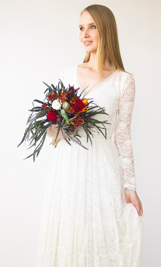 Back cut-out Lace Maxi Dress with Long Sleeves ,Open Back Wedding Dress, Bohemian Bridal Dress #1404 Maxi Blushfashion