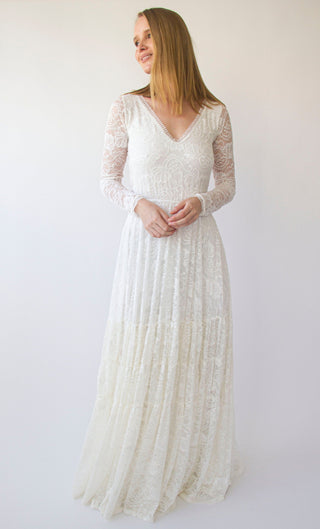 Back cut-out Lace Maxi Dress with Long Sleeves ,Open Back Wedding Dress, Bohemian Bridal Dress #1404 Maxi Blushfashion