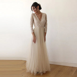 Bestseller Champagne Tulle and Lace Dress #1125 Maxi Blushfashion