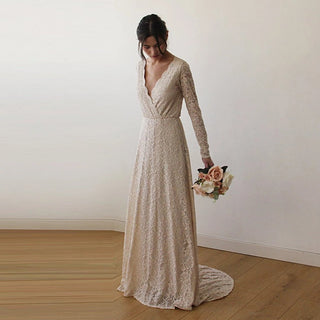 Bestseller Champagne Wrap Lace Gown with Train #1151 Maxi Blushfashion