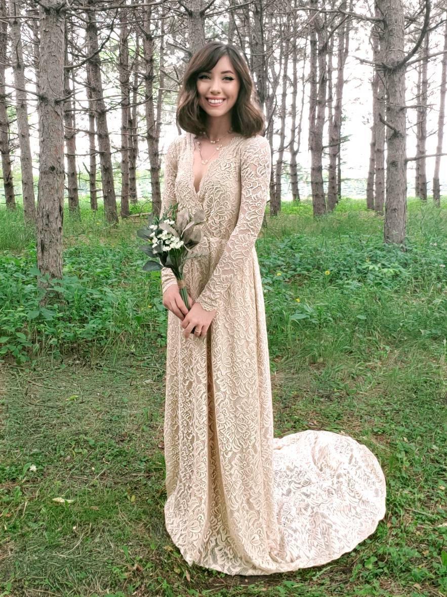 Bestseller Champagne Wrap Lace Gown with Train #1151