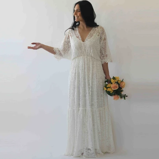 Bestseller Curvy Bohemian ivory bat sleeves lace wedding Dress #1241 Maxi Blushfashion
