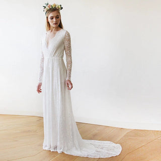 Bestseller Ivory Wrap Floral Lace Long Sleeve Gown with a Train #1151 Maxi Blushfashion