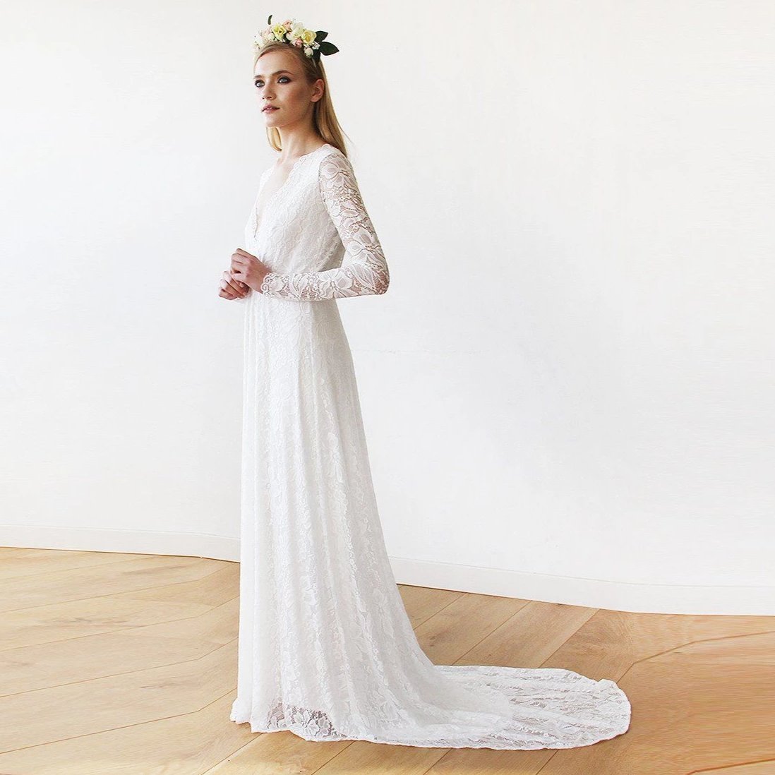 wrap wedding dress long sleeve Jenny by Jenny Yoo Lane Satin Long-Sleeve V-Neck A-Line Wedding Gown