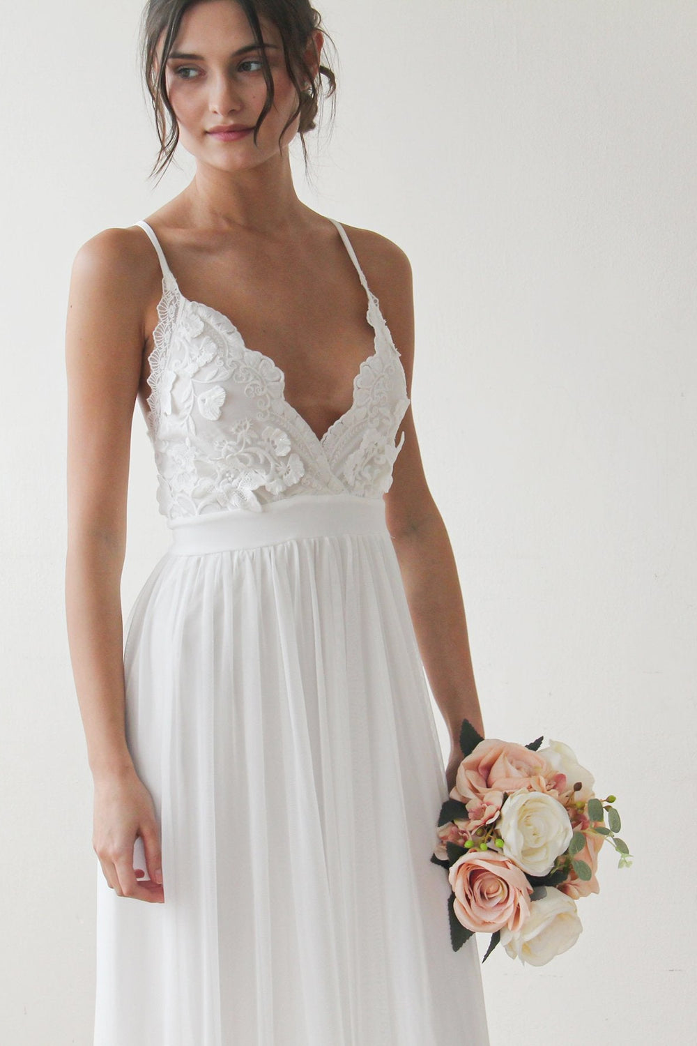 Buttoned Spliced Lace Spaghetti Strap Maxi Dress