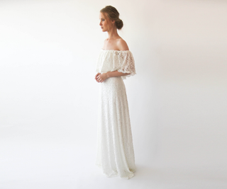 Bestseller Ruffled Crinkle Off-shoulder Wedding Dress #1229 Maxi Blushfashion