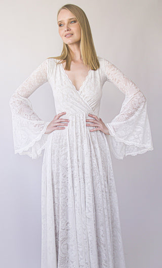 Bestseller Vintage Ivory wrap Lace dress Long Bell Sleeves Bohemian Wedding Gown #1394 Maxi Blushfashion