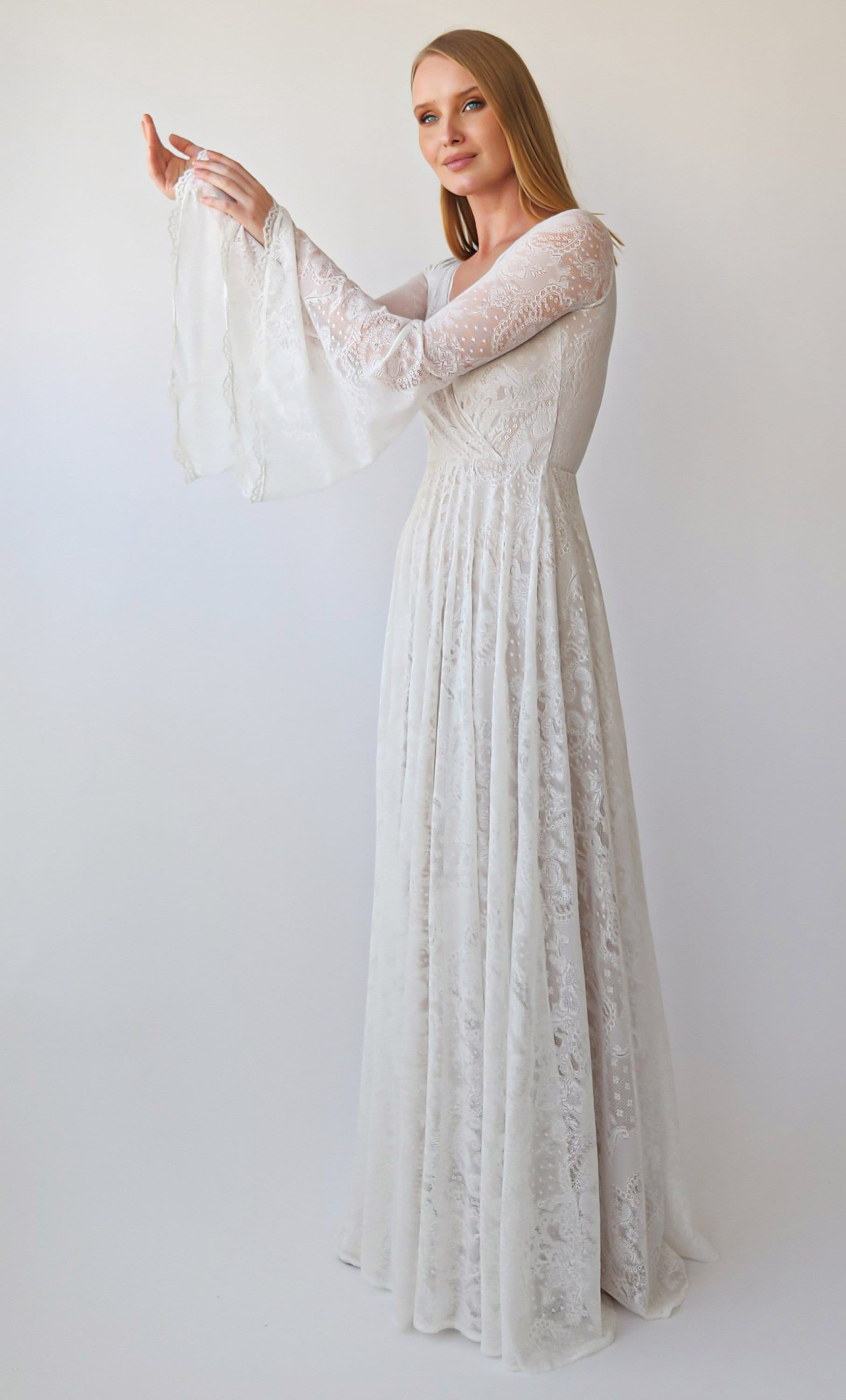 Handmade BELL SLEEVE Crochet Lace Bohemian Wedding Dress / off