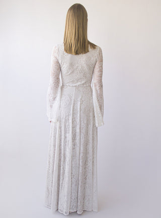 Bestseller Vintage Ivory wrap Lace dress Long Bell Sleeves Bohemian Wedding Gown #1394 Maxi Blushfashion