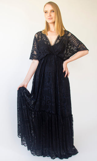 Black Lace bat sleeves with open back, V neckline Bohemian Maxi Dress #1241 Maxi Blushfashion