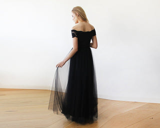 Black Lace Off-the-Shoulder Tulle Maxi Dress  #1139 Maxi Blushfashion