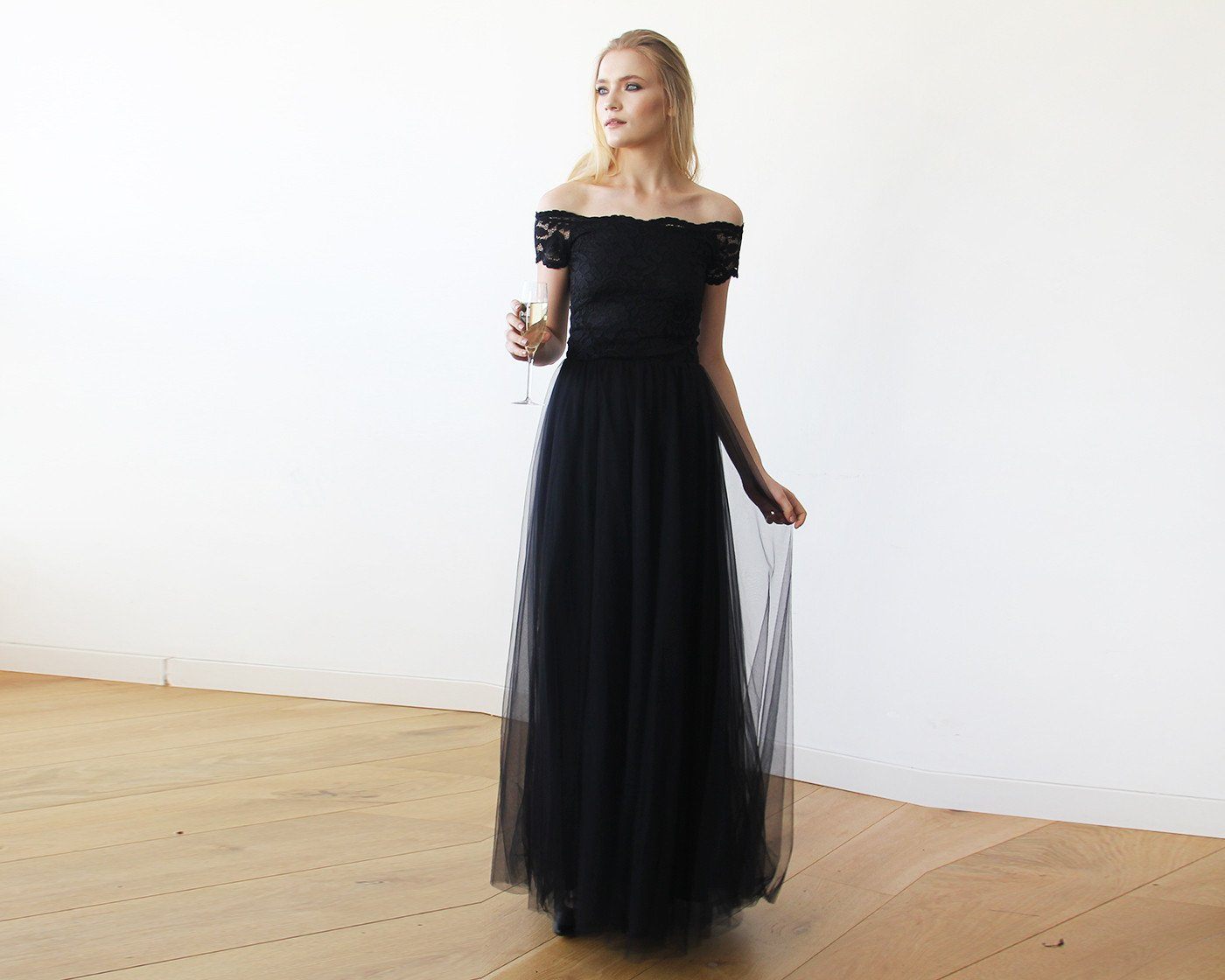 black off the shoulder tulle dress Black Tulle Off-the-Shoulder Wedding Dress Darien Nicole