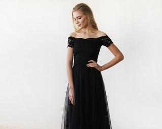 Black Lace Off-the-Shoulder Tulle Maxi Dress  #1139 Maxi Blushfashion