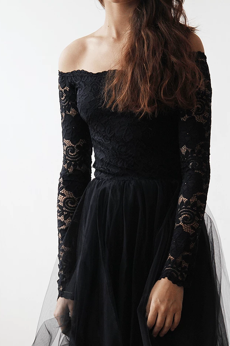 Black Off-The-Shoulder Lace and Tulle Maxi Dress #1134