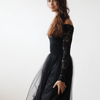 Black Off-The-Shoulder Lace and Tulle Maxi Dress  #1134 Maxi Blushfashion