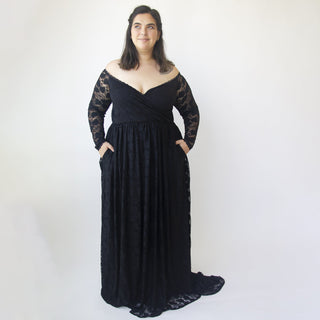 Black sweetheart train off the shoulder lace wrap wedding dress with pockets #1335 Maxi Blushfashion