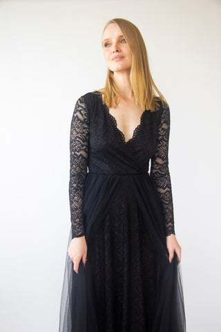 Black Tulle and Lace Dress, Wrap V neckline Long Sleeves Formal Dress, Tulle Skirt on Lace #1398 Maxi Blushfashion