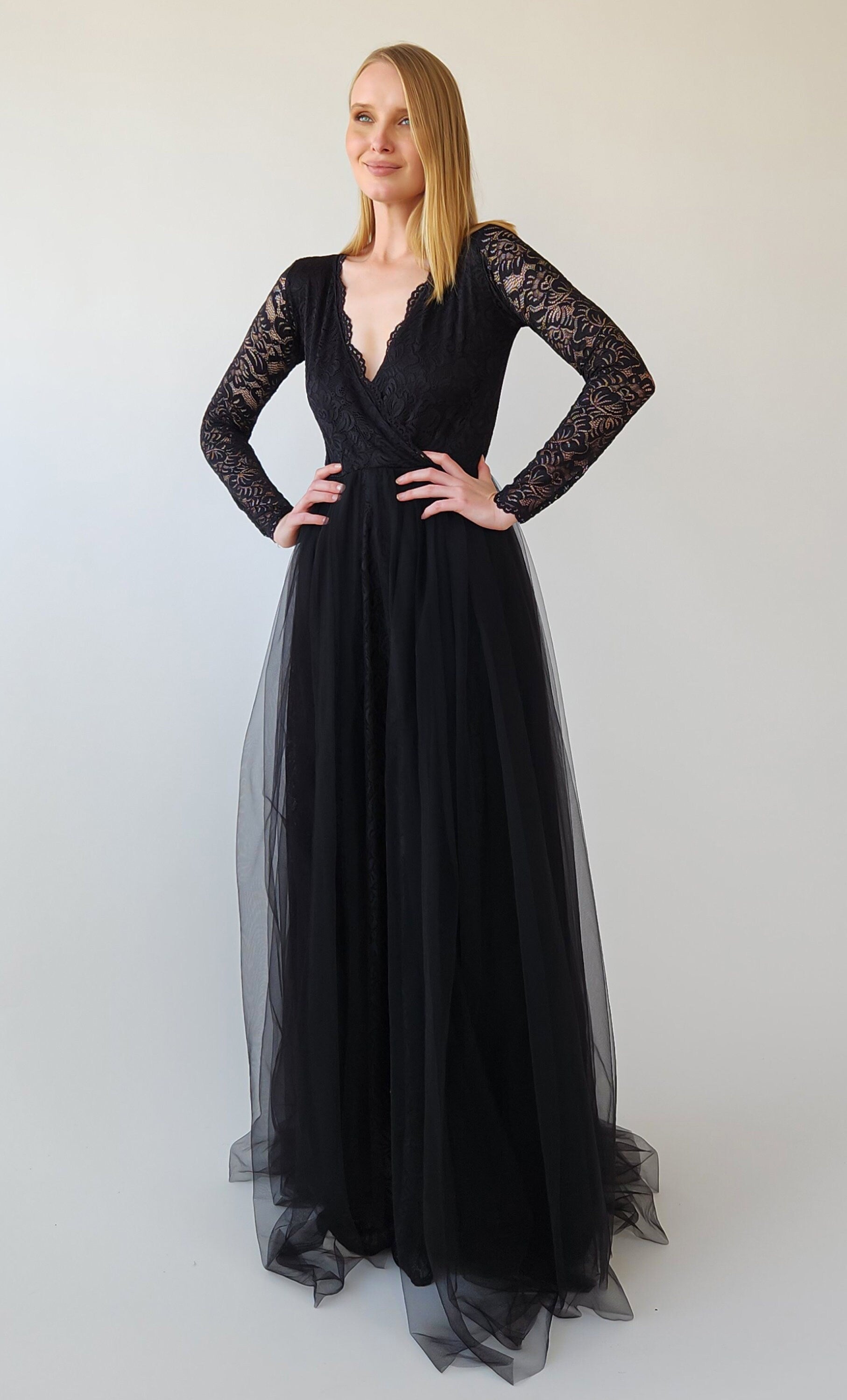 Black Tulle and Lace Dress, Wrap V neckline Dress #1398