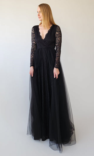 Black Tulle and Lace Dress, Wrap V neckline Long Sleeves Formal Dress, Tulle Skirt on Lace #1398 Maxi Blushfashion
