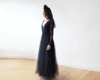 Black Tulle and Lace Long Sleeves maxi dress  1125 Maxi Blushfashion