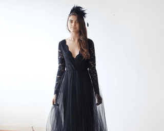 Black Tulle and Lace Long Sleeves maxi dress  1125 Maxi Blushfashion