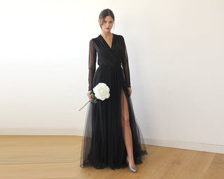 Black wrap tulle dress with chiffon mesh sleeves  #1174 Maxi Blushfashion