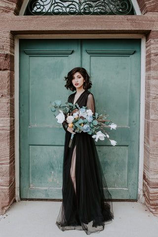 Black wrap tulle dress with chiffon mesh sleeves  #1174 Maxi Blushfashion
