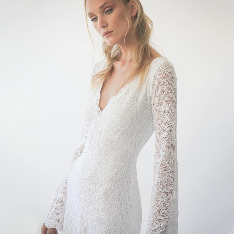bell sleeve empire waist dress Modest Vintage Style Empire Waist Long Sleeves Lace Dress Formal Evening Gown Prom Dress X027 Size 16 / White