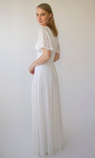 Bohemian Butterfly Sleeves, Modest Ivory wedding dress with mesh chiffon Maxi skirt#1420 Maxi Blushfashion