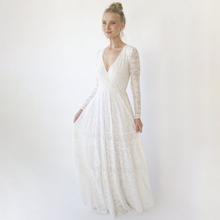 Bohemian lace wedding dress wrap neckline with fringes #1363 Maxi Blushfashion